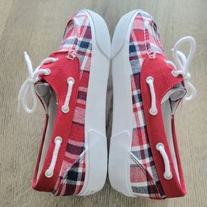 NWOT LAUREN RALPH LAUREN White Red Blue Breena Madras Plaid Boat Canvas Shoes 7B